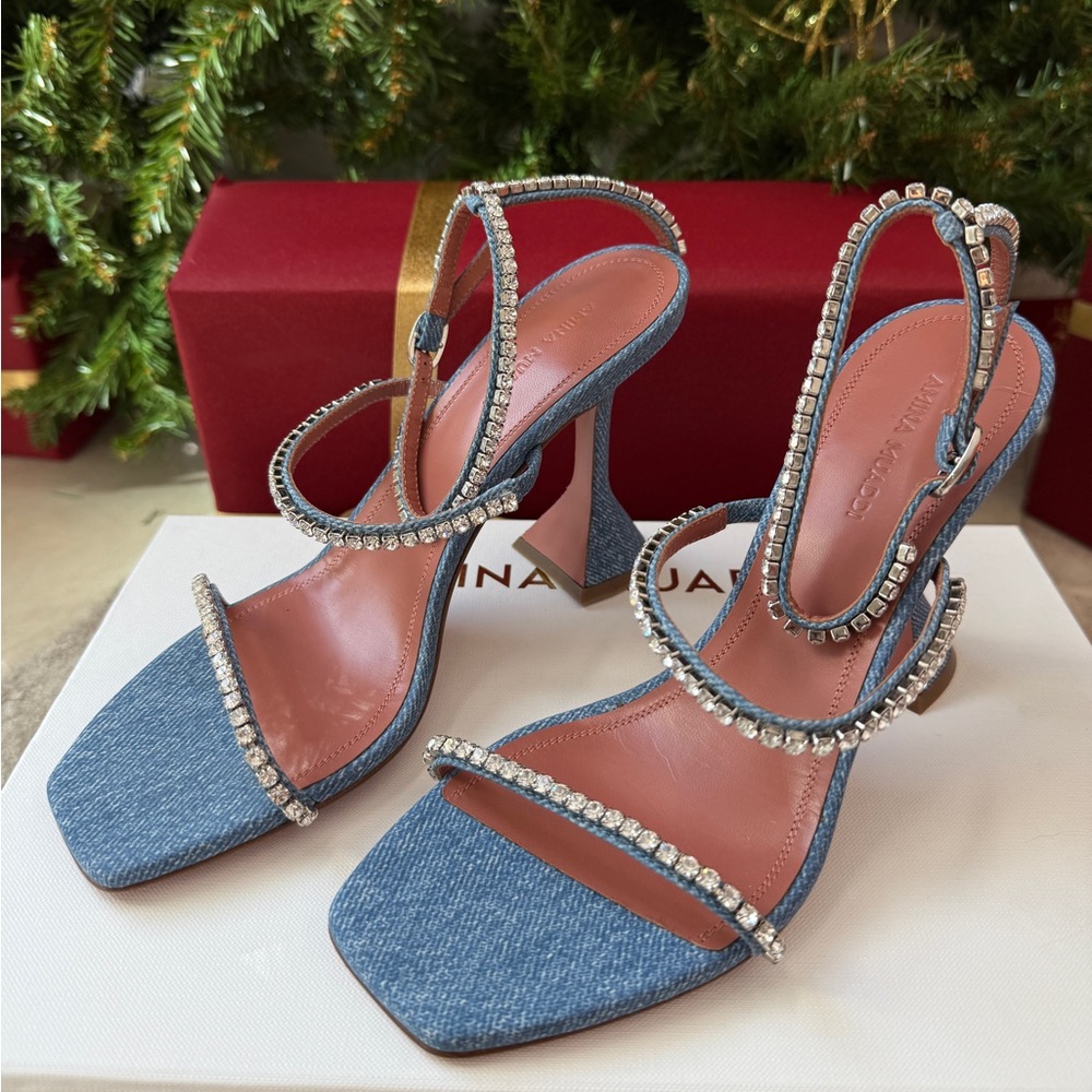 Amina Muaddi Gilda Crystal Crystals Denim Strap Open Pumps Sandals Heels 37